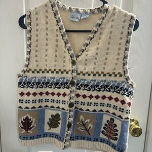 CASCADE BLUES Cardigan Vest Cream  Fall Leaves Embroidered Ramie Cotton Sz S